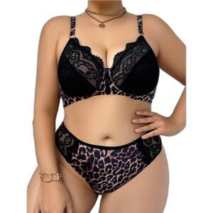 3X Plus Size Animal Print Lace Patchwork Wireless Bra High Stretch Lingerie Set